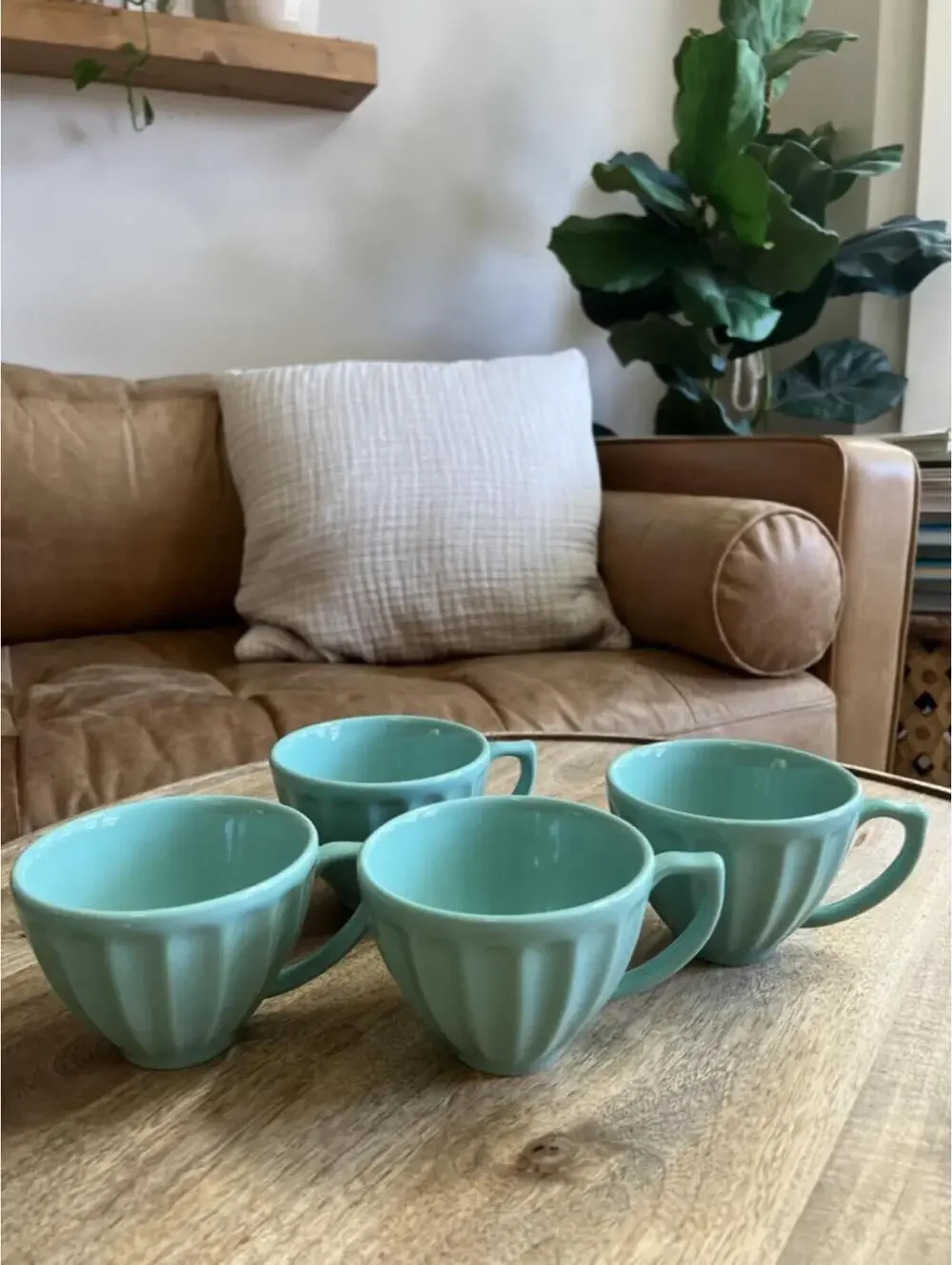 Anthropologie Latte Mugs Set of 4 Turquoise Discontinued Color Farmhouse Boho